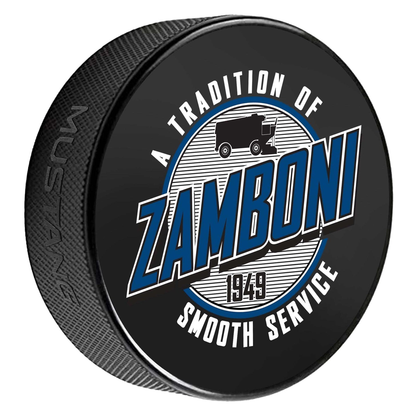 Zamboni Smooth Service puck with iconic silhouette logo and striped glass backdrop, regulation size and weight.