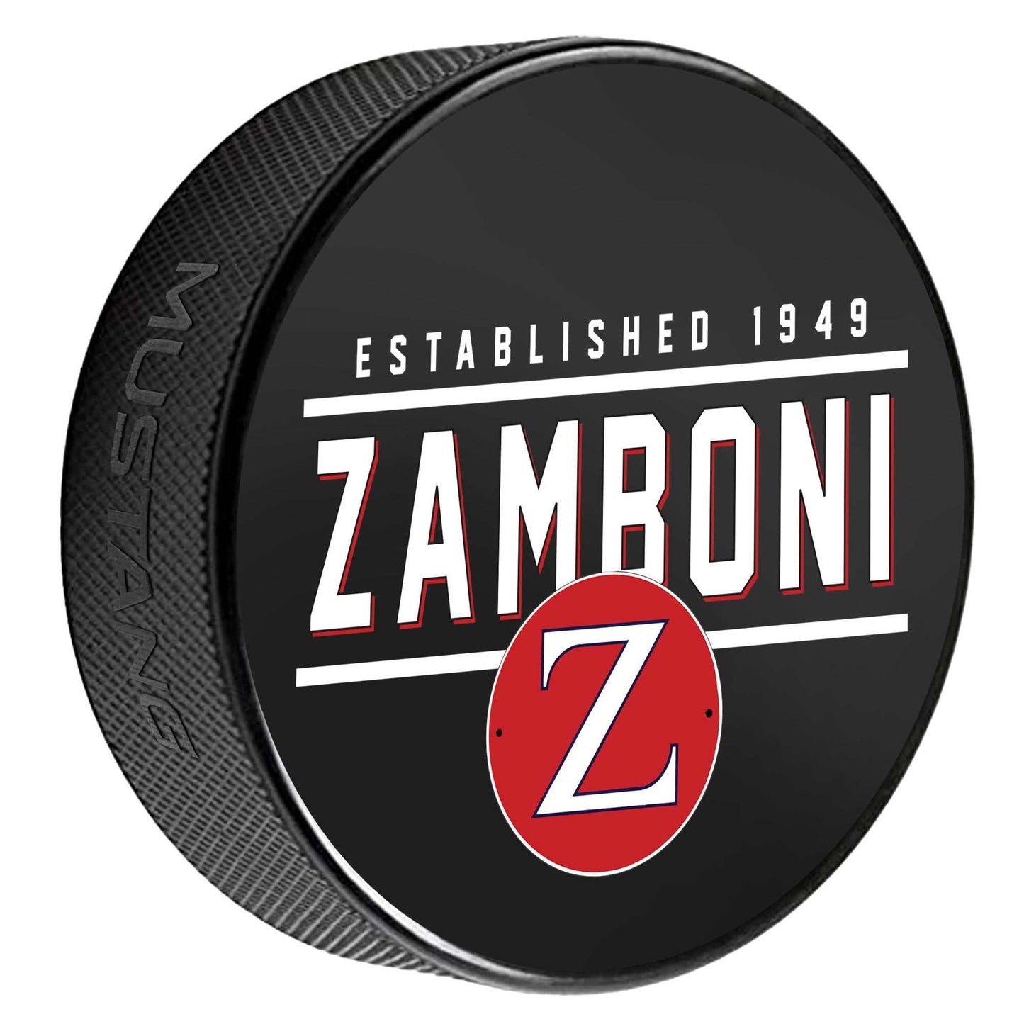 Limited-edition Zamboni vintage style hockey puck with red Z logo and 1949 establishment year