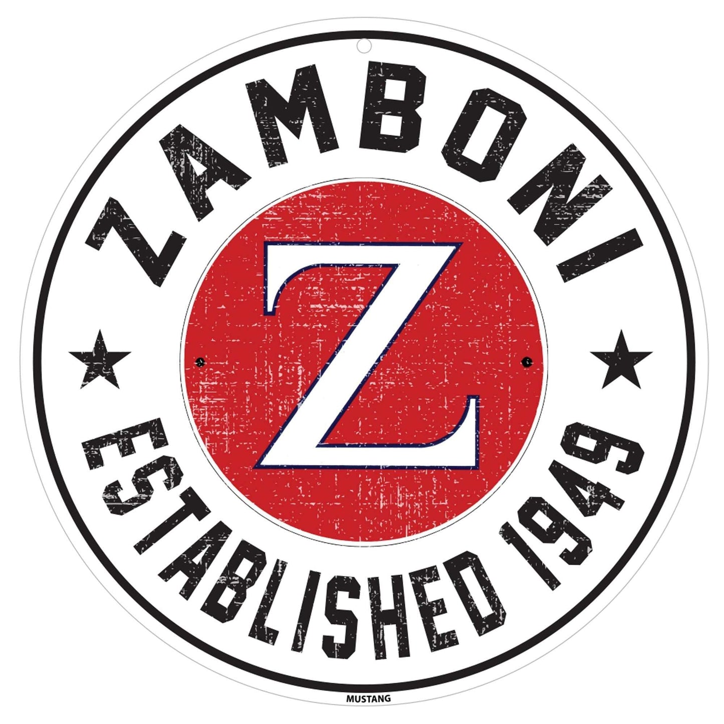 Zamboni wall sign 12 inch round distressed vintage red logo on white background