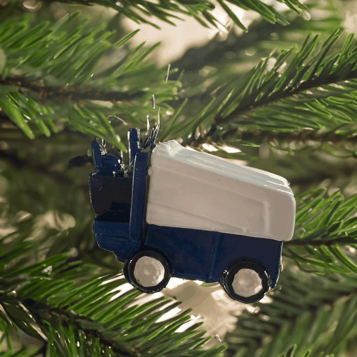 Blue and white resin Zamboni machine Christmas tree ornament hanging on pine branch