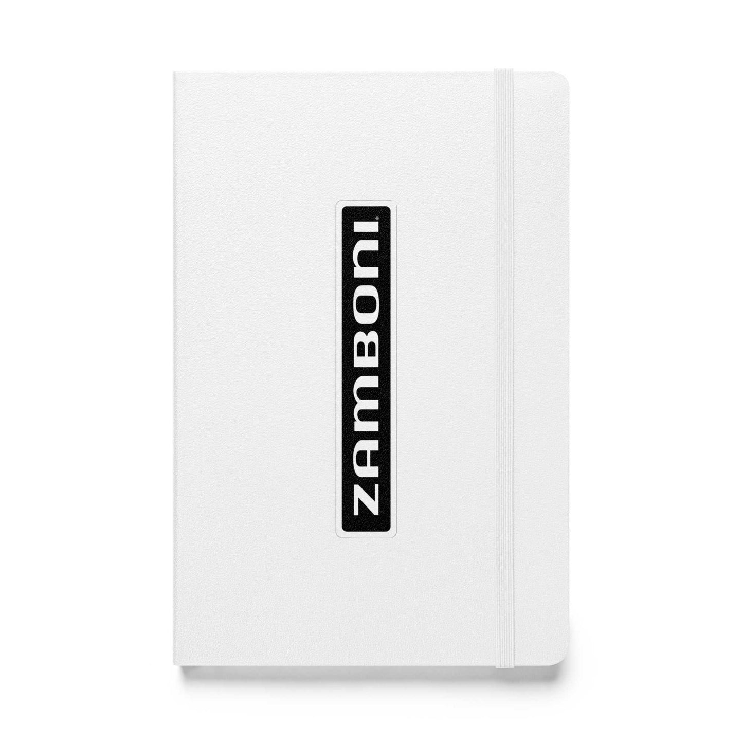 Zamboni Hardcover Bound Notebook with elastic closure and ribbon marker on white UltraHyde cover
