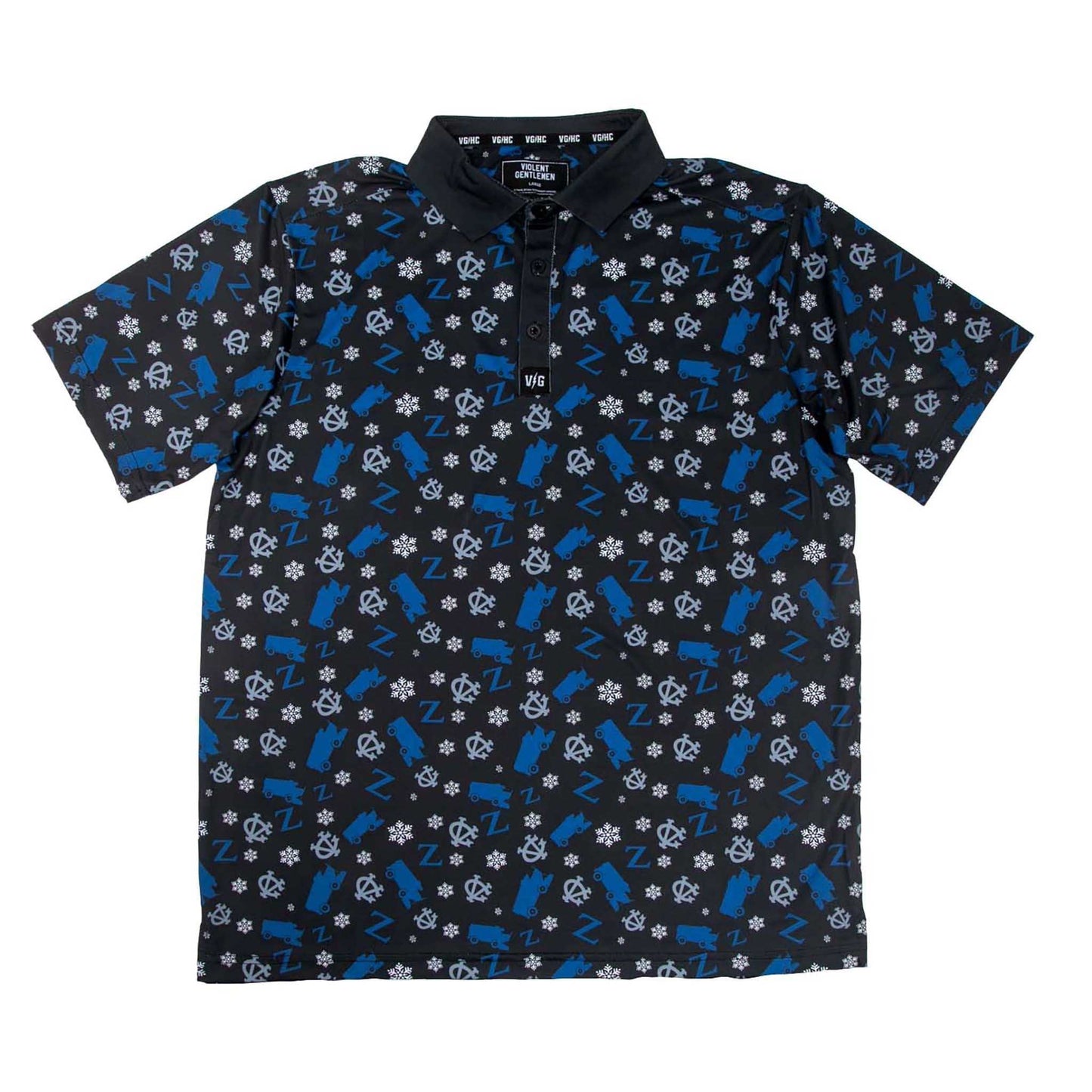 Zamboni Winger Flex Polo with all-over Zamboni ice resurfacer print, standard fit, moisture-wicking fabric, and embossed buttons
