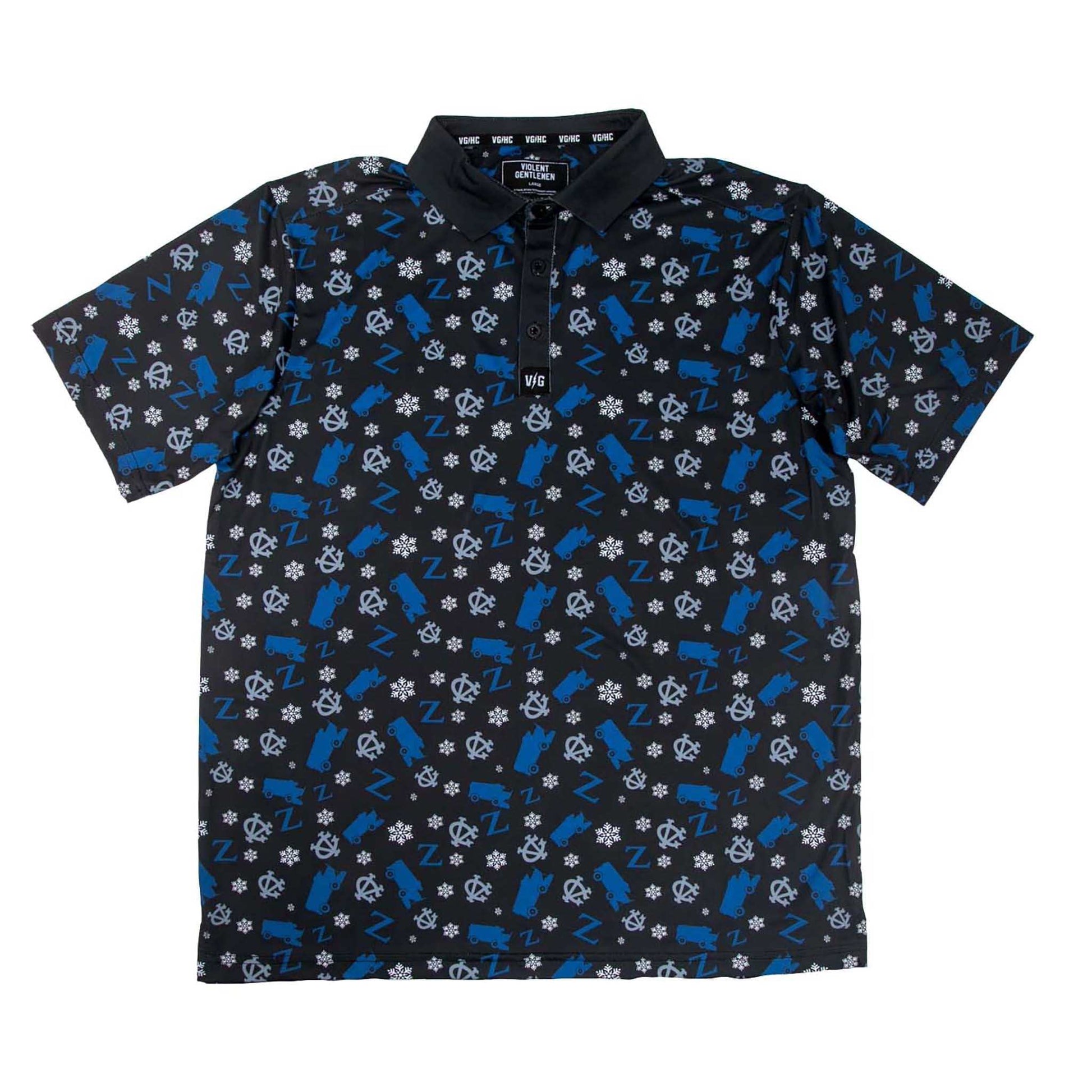Zamboni Winger Flex Polo with all-over Zamboni ice resurfacer print, standard fit, moisture-wicking fabric, and embossed buttons