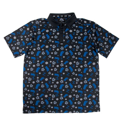 Zamboni Winger Flex Polo with all-over Zamboni ice resurfacer print, standard fit, moisture-wicking fabric, and embossed buttons
