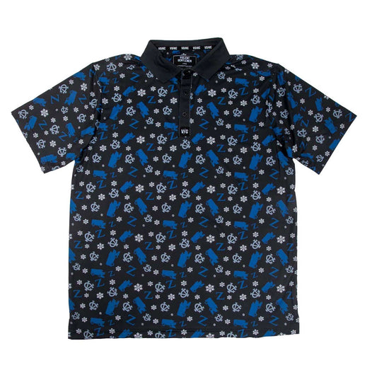 Zamboni Winger Flex Polo with all-over Zamboni ice resurfacer print, standard fit, moisture-wicking fabric, and embossed buttons