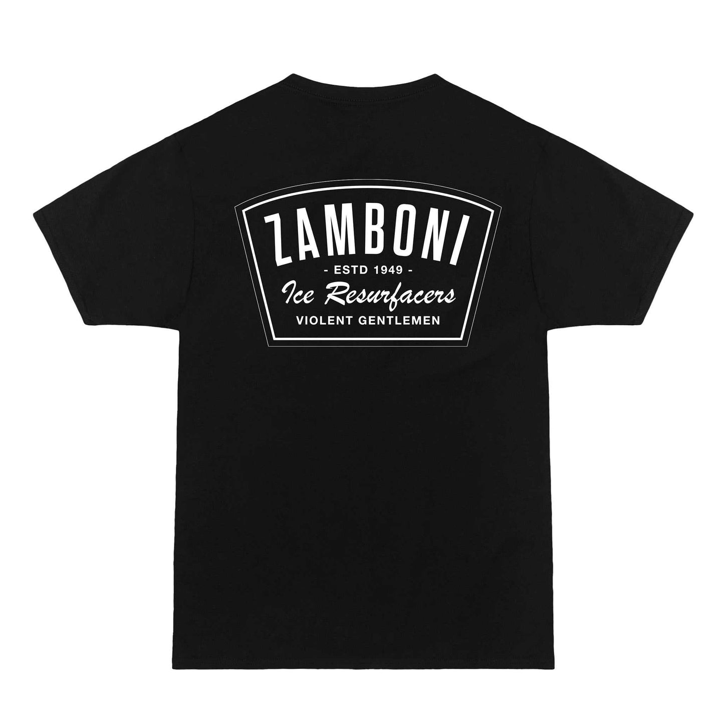 Zamboni Badge Premium Tee with hockey ice resurfacer graphic on midweight cotton shirt