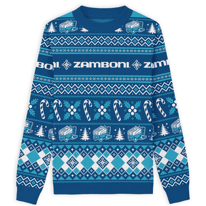 Blue knitted holiday sweater with Zamboni machine, candy canes, snowflakes, and festive patterns