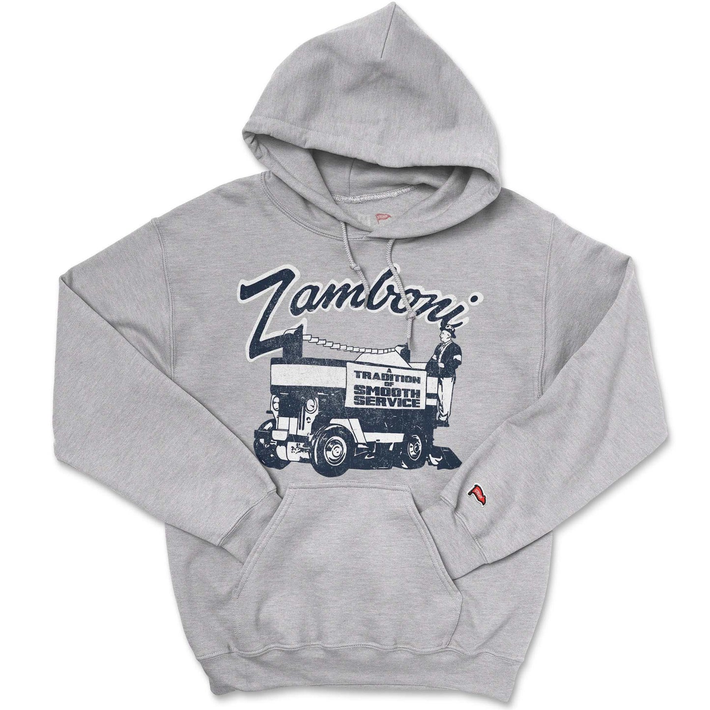 Zamboni Company hoodie with logo patch, fleece-lined and ribbed cuffs, symbolizing tradition of smooth service
