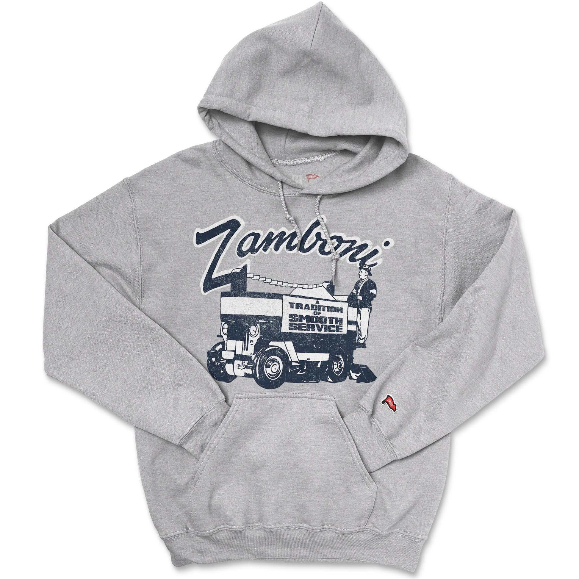 Zamboni Company hoodie with logo patch, fleece-lined and ribbed cuffs, symbolizing tradition of smooth service