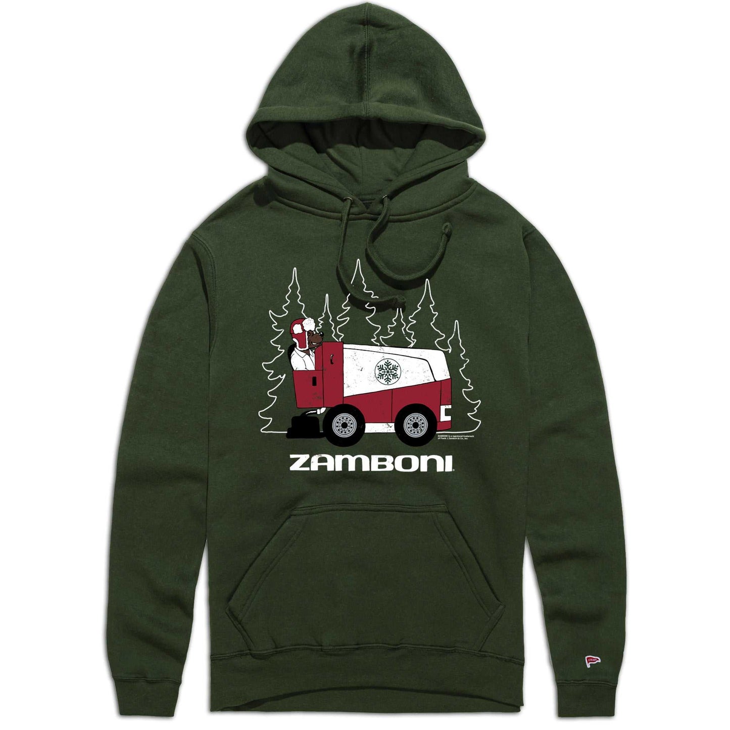 Zamboni collection fleece-lined bear hoodie with vintage distressed graphic and logo patch on sleeve