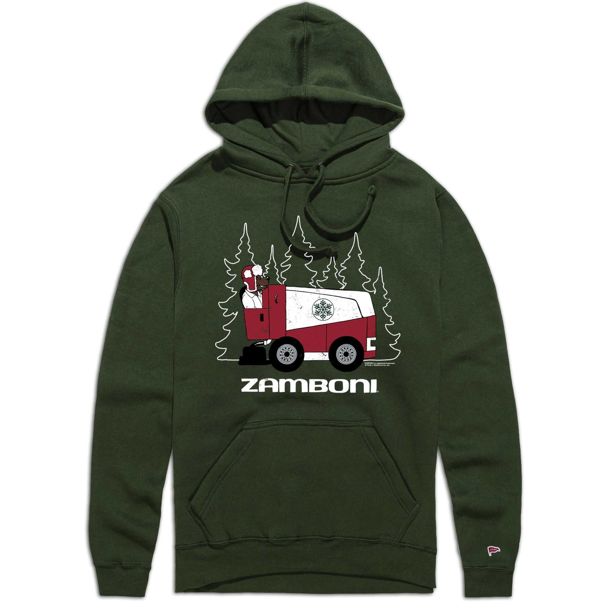Zamboni collection fleece-lined bear hoodie with vintage distressed graphic and logo patch on sleeve