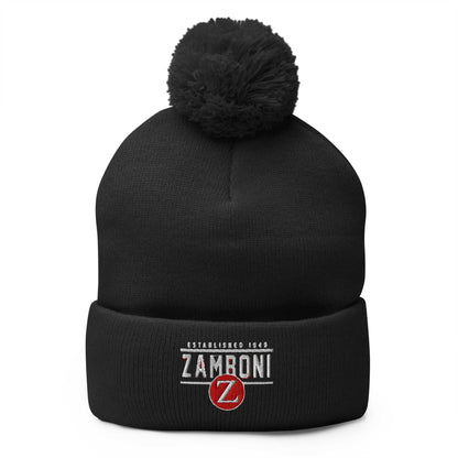 Black Zamboni Bold Pom-Pom Beanie with embroidered logo and fold-over cuff