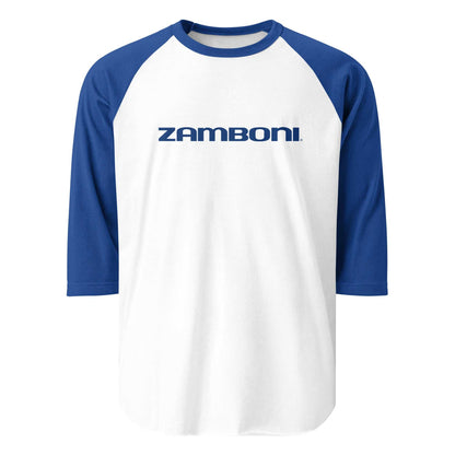 White and blue Zamboni wordmark 3/4 sleeve raglan shirt made of soft combed cotton blend