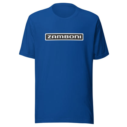 Blue unisex t-shirt with Zamboni nameplate logo, soft lightweight cotton fabric