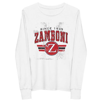 Youth long sleeve tee with distressed Zamboni logo in red on white cotton shirt